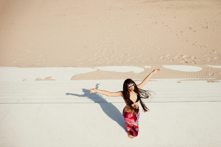 sexy long hair woman relax on beach. Top view.の写真素材