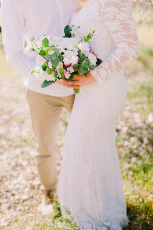 wedding bouquet orchids and peonies. Fine art wedding bouquet and flowers.の写真素材