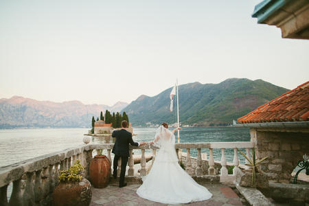 honeymoon wedding couple travel Europe. Mountains and sea view in Montenegro.  Perast.の写真素材