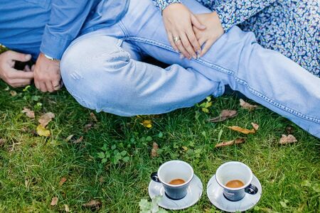 coffee for two in cafe outdoors. Morning in coffee in park.の写真素材