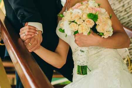 wedding bouquet orchids and peonies. Fine art wedding bouquet and flowers.の写真素材