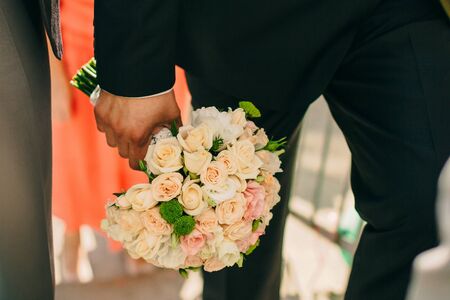 wedding bouquet orchids and peonies. Fine art wedding bouquet and flowers.の写真素材