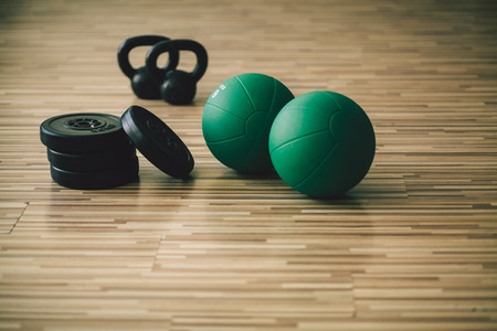 weights and medicine ball fitness background. Fitness and sport accessoriesの写真素材