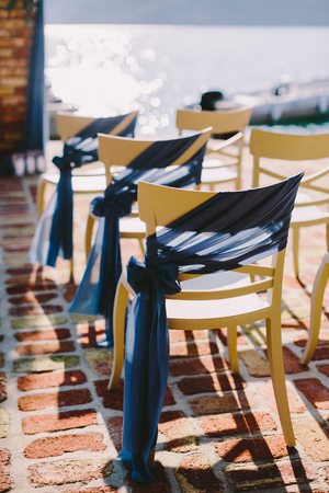 wedding chair deocation on ceremony on beachの写真素材
