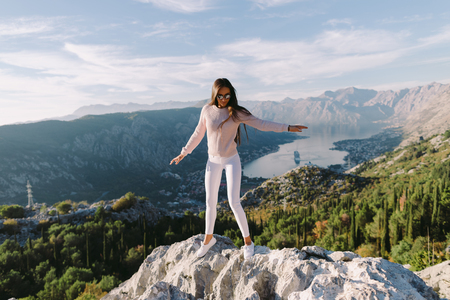 beautiful woman relax in mountains on vacations. Montenegro, Kotorの写真素材