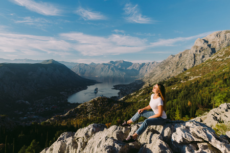 beautiful woman relax in mountains on vacations. Montenegro, Kotorの写真素材