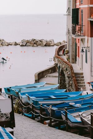 wooden boats parking harbour in Cinque Terre, Riomaggiore. Travelling Italyの写真素材
