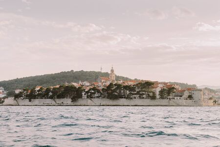 Korcula island view at sunset. Old town Korcula panorama view at sunset.の写真素材