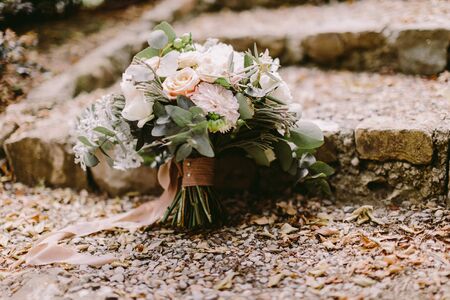 wedding bouquet with white peonies for rustic wedding. Fne art wedding photo. Gentle airy wedding bouquet for chic wedding.の写真素材