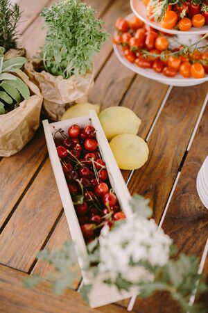 organic cherry served on table. Fruit backgroundの写真素材