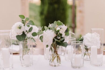 wedding reception party banquet table coverage. Luxury wedding reception in Italy. wedding banquet decoration background.の写真素材