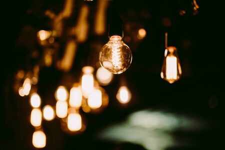 vintage light bulbs in bar. Light bulbs backgroundの写真素材