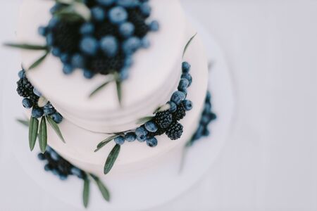 white wedding cake with blueberry and blackberry. Elegant fine art wedding photo.の写真素材