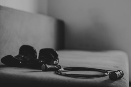 Fitness Equipment for Home Workouts. Weighted jump rope and boxing gloves background. Black and whiteの写真素材