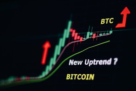 BTC stock investment graph with candlesticks. Uptrend movement after halving. Bitcoin Price Forecast and Longterm Prediction graph screenの写真素材