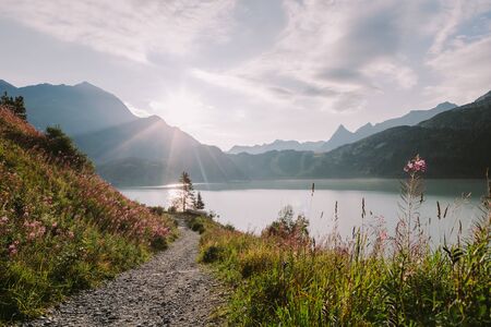 reservoir lake with mountains epic landscape. Austria mountains Stausee