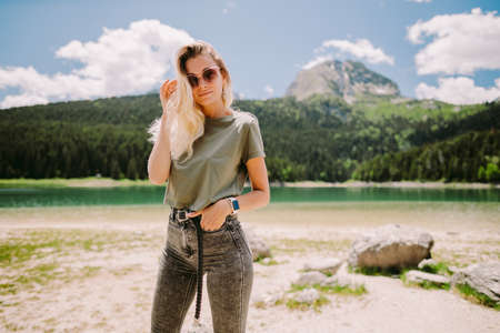 attractive woman relax in mountainsの写真素材