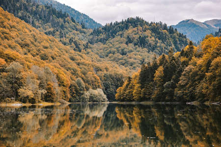 Beautiful view of autumn lake sceneryの写真素材