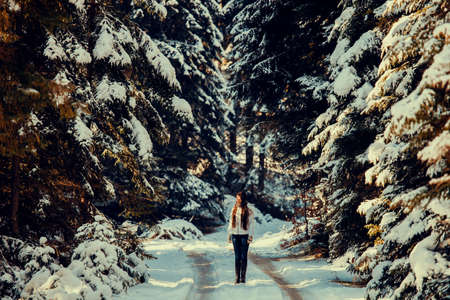 woman walk in winter forestの写真素材