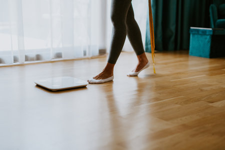 Woman step on Weighing Scale for Measuring Body Weight At Home.の写真素材