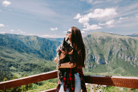 beautiful woman travel with cute dog in mountainsの写真素材