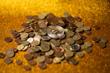 Bitcoin virtual money and fiat money coins euroの写真素材