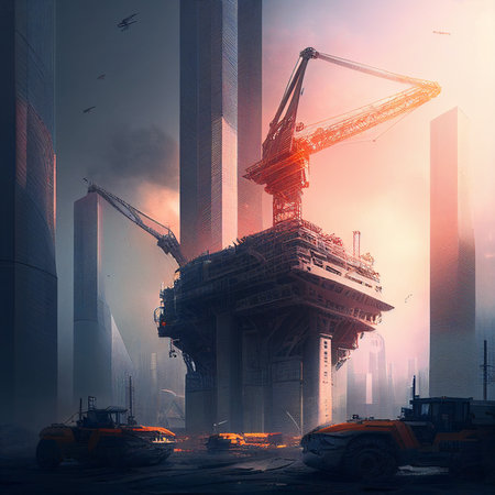 modern crane at a construction skyscraper building futuristicの写真素材