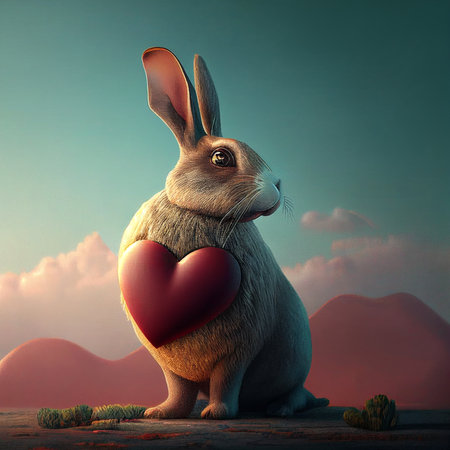 rabbit with heart st valentines backgroundの写真素材