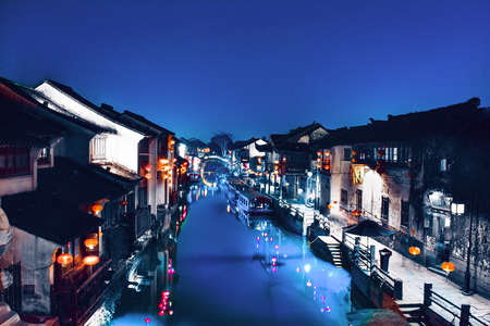 night view of Shantang Street in Suzhouのeditorial素材