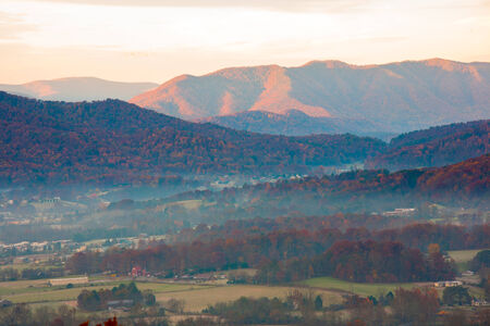 Wood house with road under great smoky mountainの写真素材