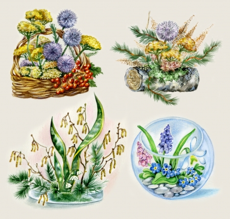 Posies of flowers  Set of unusual posies with natural elements  log, moss, branches, pebble の写真素材