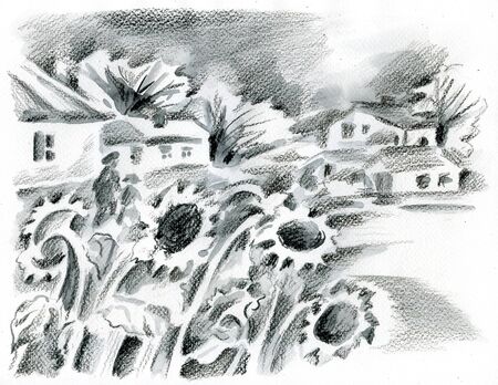 Sunflowers against country road with figures of father and son  Pastel monochrome illustration  の写真素材