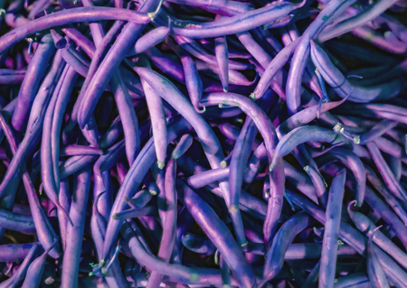 heap of france violet beans in retail vegetable super market for saleの写真素材