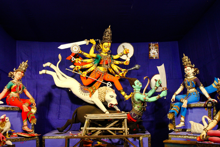 durga puja idol in a pandal at kolkata, indiaの写真素材