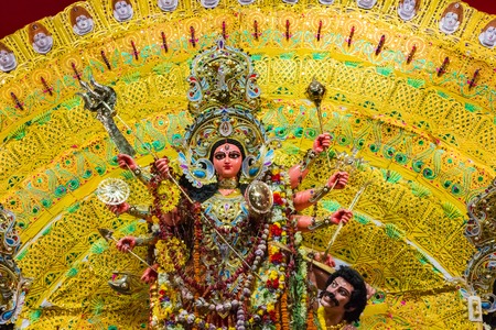 durga idol on lion and asura for worship in kolkata india. festival