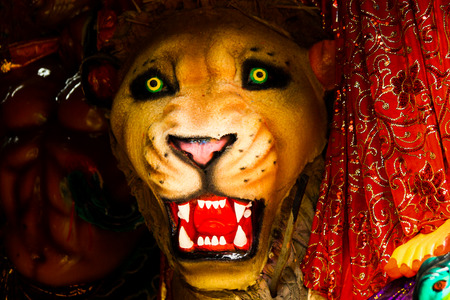 Kumartuli,West Bengal, India, July 2018. A clay idol of Lion,showing large sharp canine teeth. Lion is the ride of Goddess Durga and Durga puja is the most awaited hindu festival worldwide.のeditorial素材