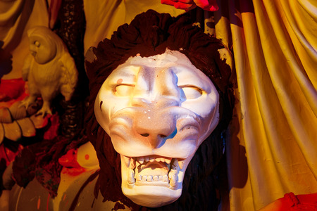 Kumartuli,West Bengal, India, July 2018. A clay idol of Lion,showing large sharp canine teeth. Lion is the ride of Goddess Durga and Durga puja is the most awaited hindu festival worldwide.のeditorial素材