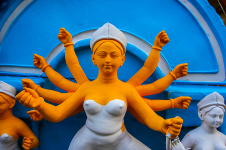 Kumartuli,West Bengal, India, July 2018. A clay idol of Goddess Durga under construction at a shop....