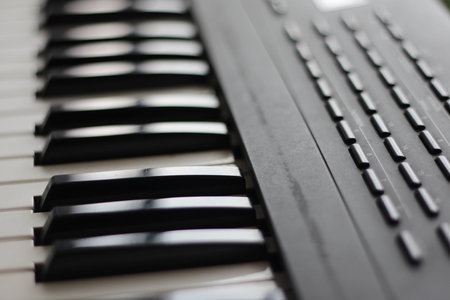 keys of a musical keyboard synthesizer in black and white