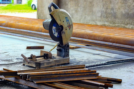 August 2018,Kolkata, India,A motorized Bosch Steel Rod Cutter foe cutting steel bars at construction siteのeditorial素材
