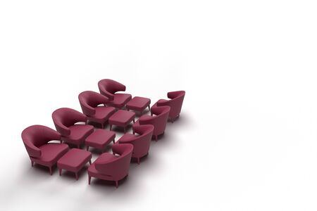 3d render of four group of magenta single armchair sofa arranged facing each other with center table...