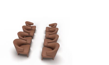 3d render of four set of brown single armchair sofa arranged facing each other in solid white background with space for text.meeting conceptの写真素材