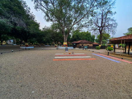 2nd October 2019, Sevagram, India -Sitting arrangements made for tourists in front of real life objects used by Mahatma Gandhi at Sevagram , Indiaのeditorial素材