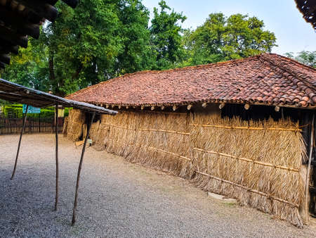 2nd October 2019, Sevagram, India- View of the huts and cottages of mahatma gandhi's ashram at Sevagram, India- a popular indian tourist attractionのeditorial素材