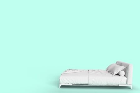 3d render side view of white bed with white pillow cover and white bed sheet and blanket for mockup with a pastel cyan background.の写真素材