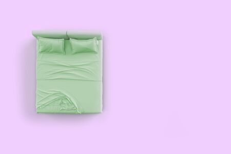 3d render top view of pastel green bed with green pillow cover and pastel green bed sheet and blanket for mockup with a pastel pink backgroundの写真素材