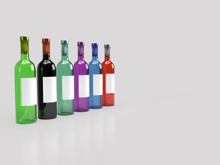 3d render of different colored foil sealed glass wine bottle in solid light grey background with white blank label for product mockup.の写真素材