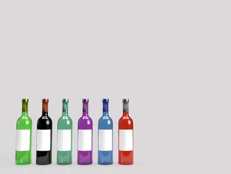 3d render of different colored foil sealed glass wine bottle in solid light grey background with white blank label for product mockup.の写真素材