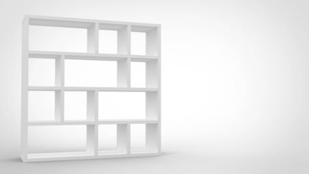 3d render of a white segmented blank book shelf in white background.の写真素材