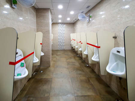 6th June 2020- Bagdogra Airport,Siliguri, West Bengal,India - Adjacent urinals blocked to maintain...